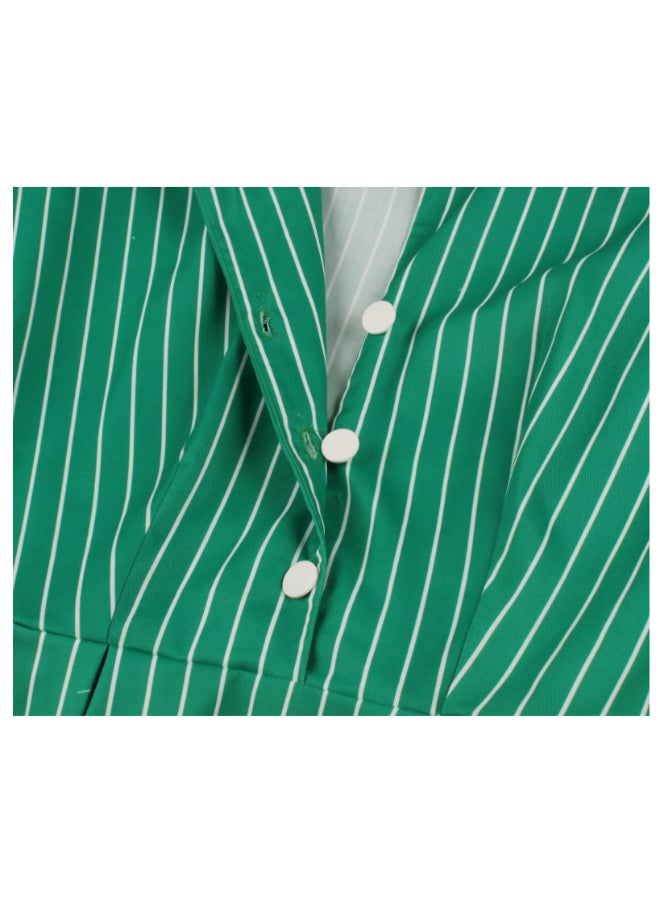 OUTAD Retro Striped Elegant Dress Green - Image 4