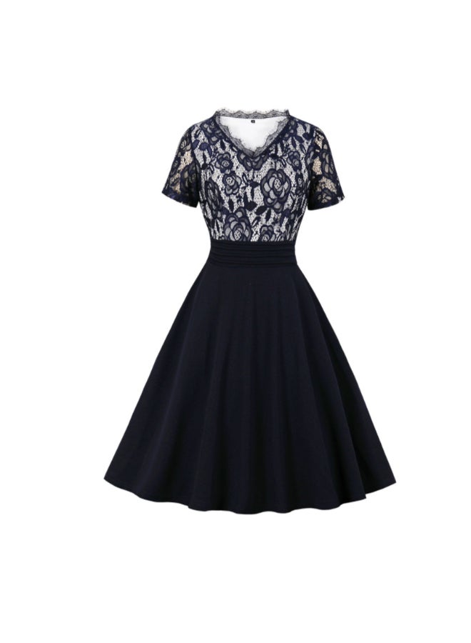 OUTAD Vintage Elegant Lace Dress Dark Blue - Image 1