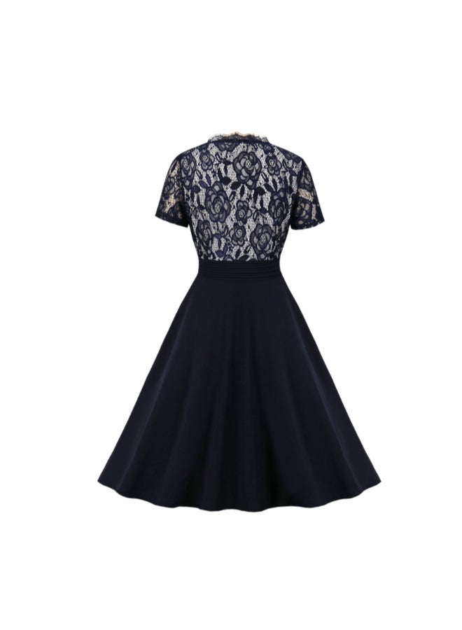 OUTAD Vintage Elegant Lace Dress Dark Blue - Image 2