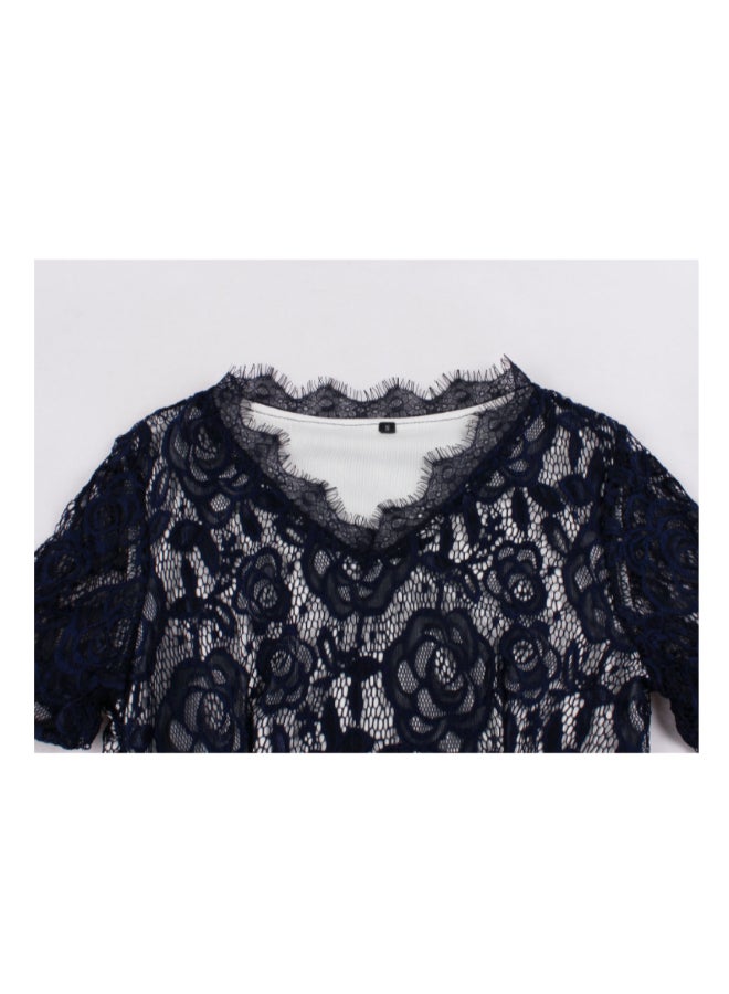 OUTAD Vintage Elegant Lace Dress Dark Blue - Image 3