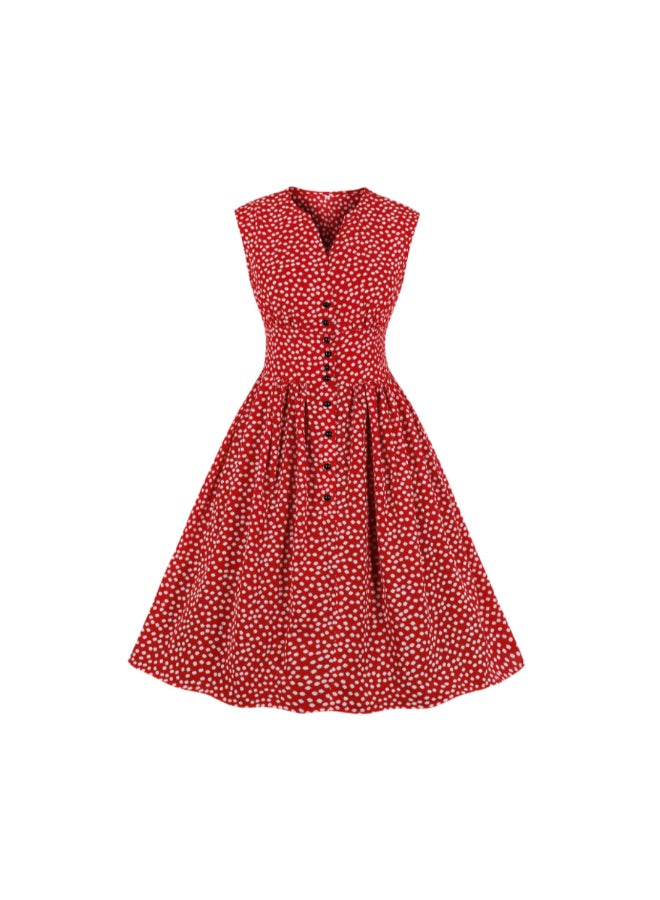 OUTAD Printed Elegant Midi Dress Red - Image 1