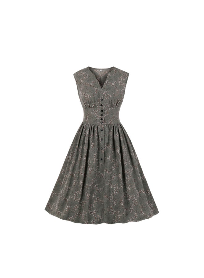 OUTAD Printed Elegant Midi Dress Grey  - Image 1