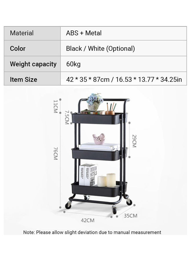 3 Tier Metal Rolling Utility Cart with Wheel Black 42 x 35 x 87cm - Image 3