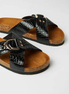 Croc Textured Cross Strap Sandals Black - v1619293899/N43767221V_4