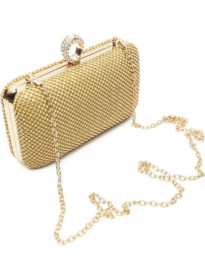 Hard Clutch Purse With Stone Work Ring Buckle Gold  - Image 2