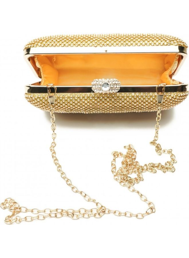 Hard Clutch Purse With Stone Work Ring Buckle Gold  - Image 3