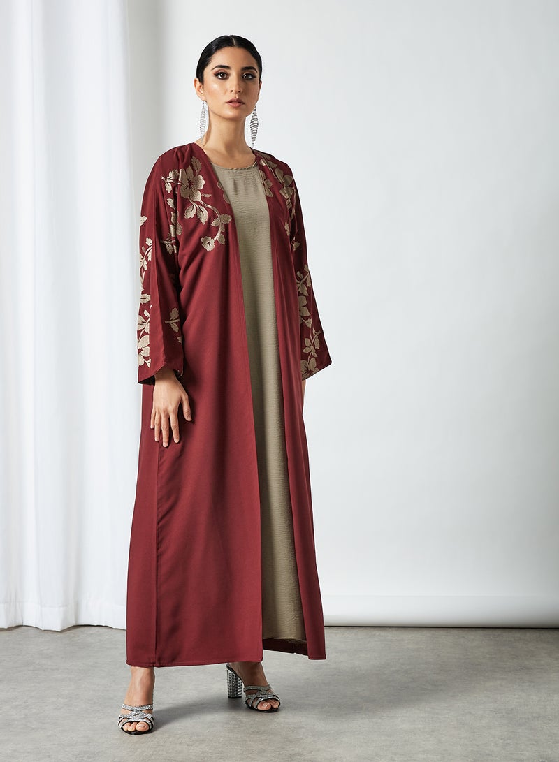 روزا طقم عباية كاجوال أنيقة مع شيلة، مكون من قطعتين رمادي / أحمر / أسود  - Image 1