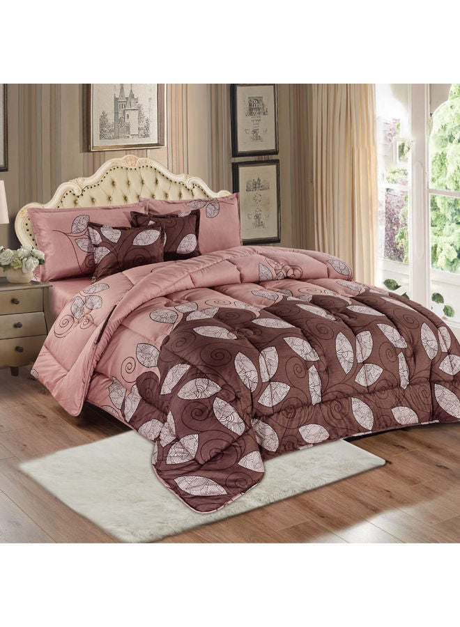 6-Piece Reversible Floral Printed Comforter Set Polyester Brown/Pink 240x260cm  - Image 1