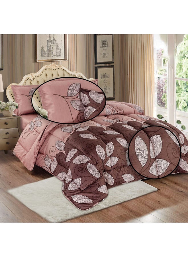6-Piece Reversible Floral Printed Comforter Set Polyester Brown/Pink 240x260cm  - Image 2