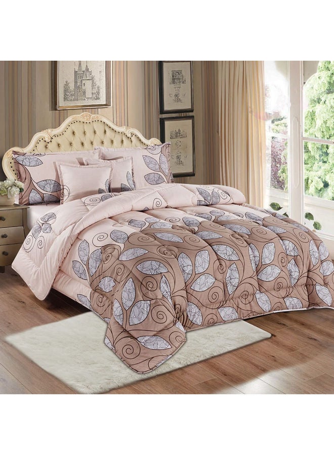 6-Piece Reversible Floral Printed Comforter Set Polyester Beige/Brown 240x260cm  - Image 1