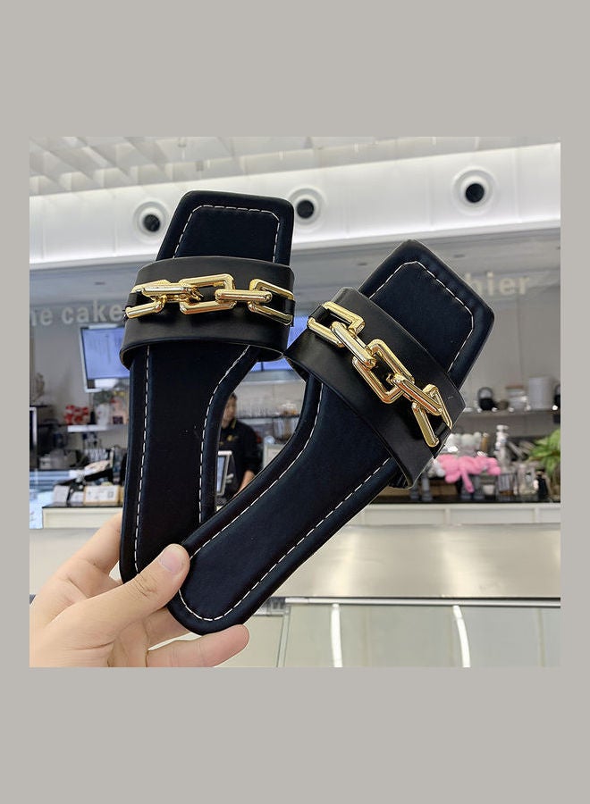 Simple Design Comfort Flat Slippers Black/Gold - Image 3