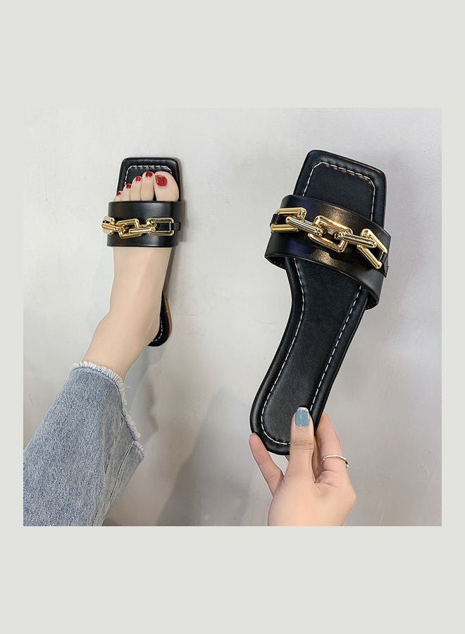Simple Design Comfort Flat Slippers Black/Gold - Image 5