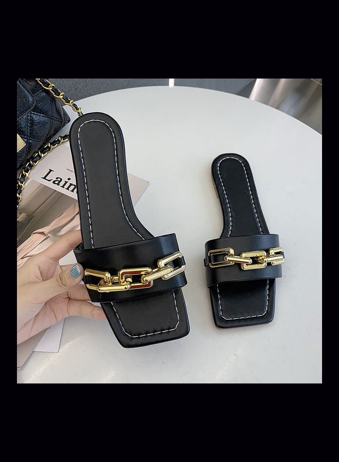 Simple Design Comfort Flat Slippers Black/Gold - Image 4