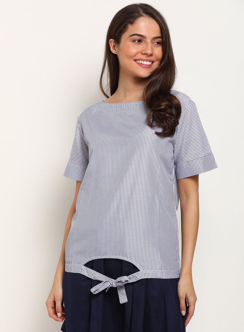 Blue Saint Stripe Detail Stylish Casual Top Blue/White  - Image 1