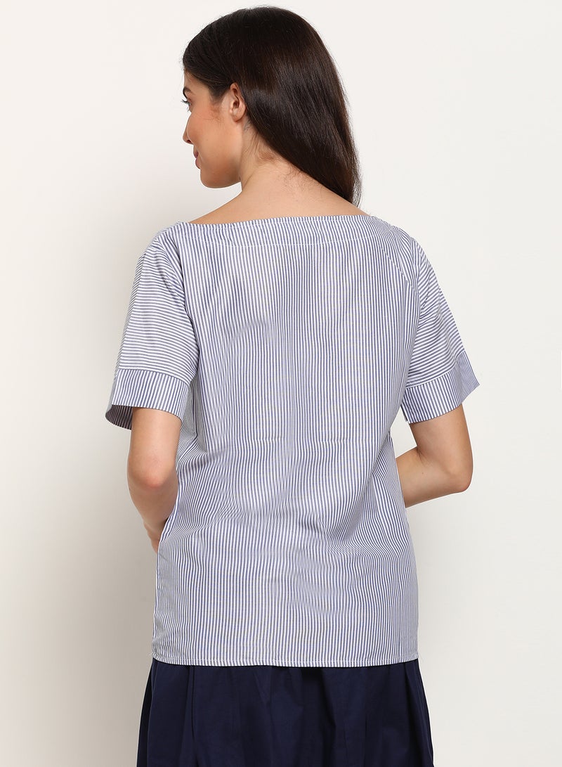Blue Saint Stripe Detail Stylish Casual Top Blue/White  - Image 2