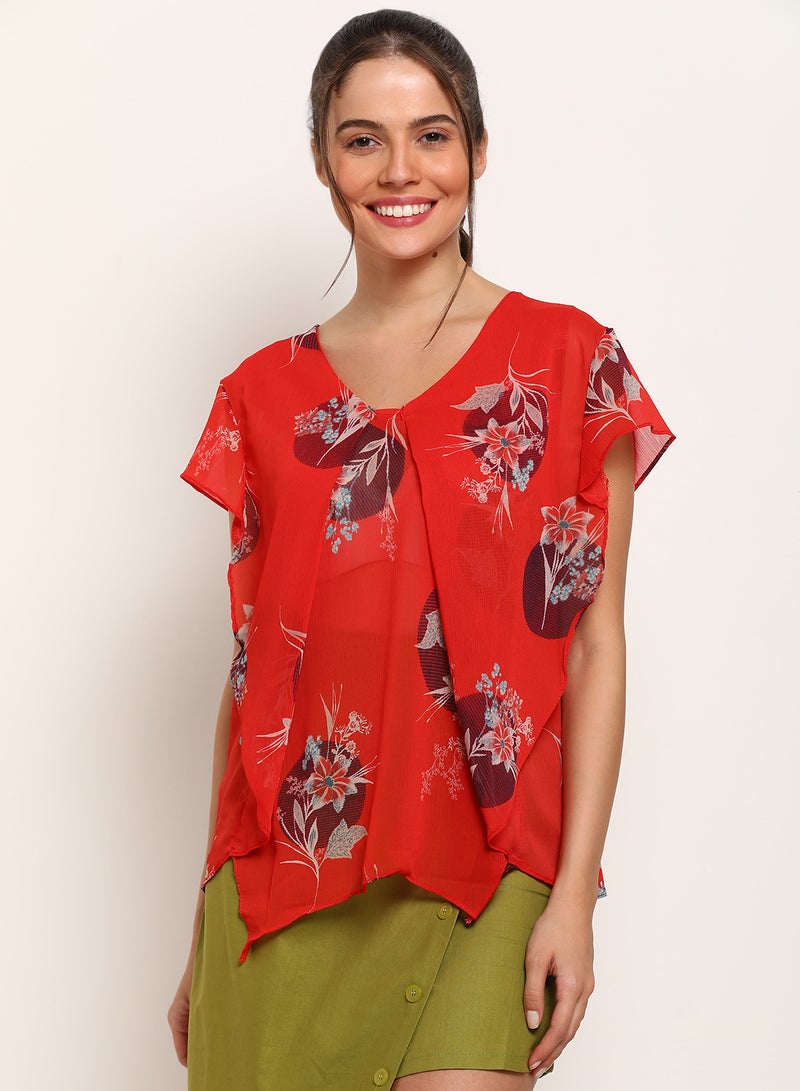 Blue Saint Printed Stylish Casual Top Red  - Image 1