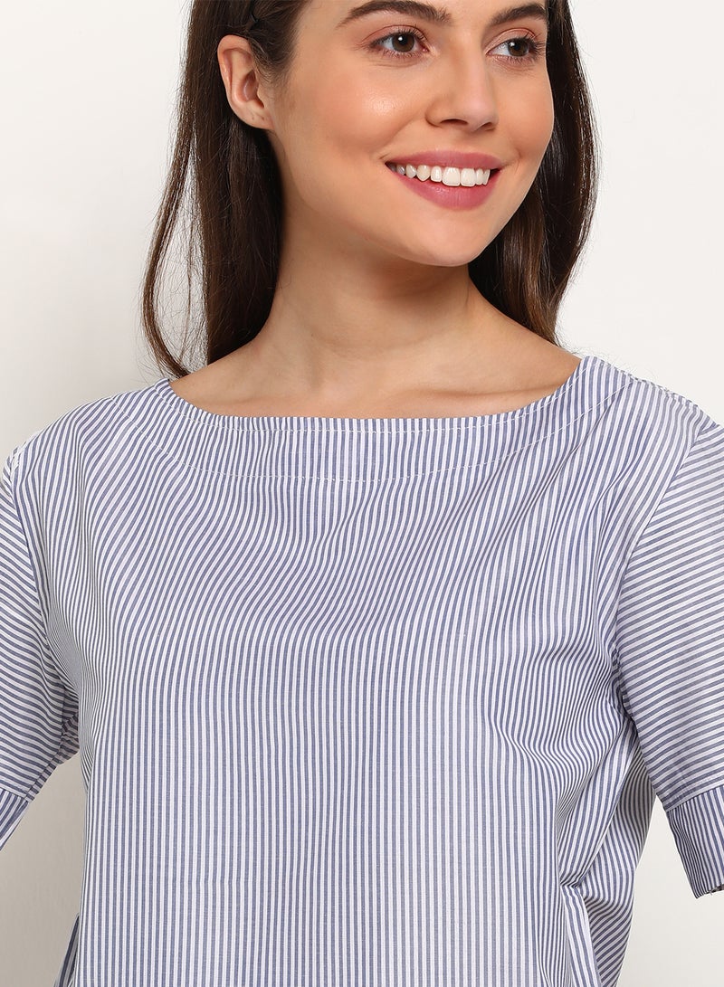 Blue Saint Stripe Detail Stylish Casual Top Blue/White  - Image 3