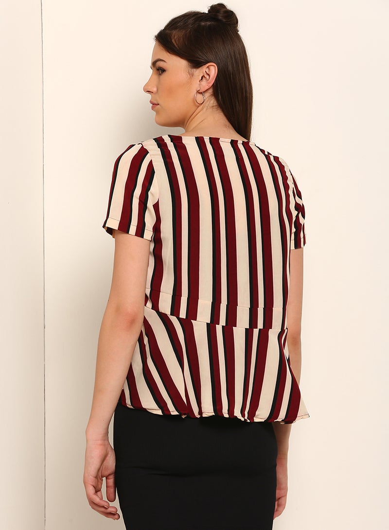 Blue Saint Stripe Detail Stylish Casual Top Red/Black/Beige  - Image 2