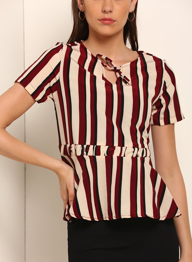 Blue Saint Stripe Detail Stylish Casual Top Red/Black/Beige  - Image 3