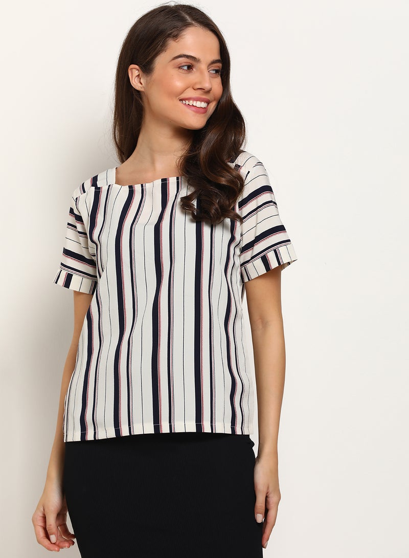 Blue Saint Stripe Detail Stylish Casual Top Off White/Black/Red  - Image 1