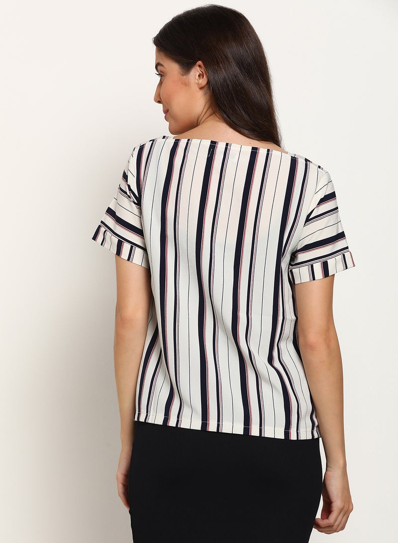 Blue Saint Stripe Detail Stylish Casual Top Off White/Black/Red  - Image 2