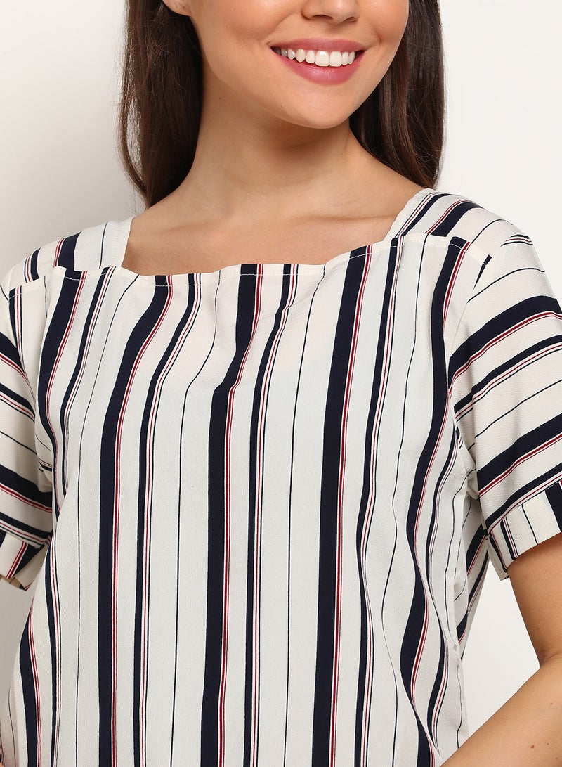 Blue Saint Stripe Detail Stylish Casual Top Off White/Black/Red  - Image 3