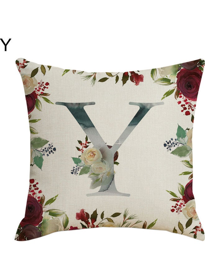 English Letter and Flowers Printed Pillow Case Linen Multicolour 45x45cm 