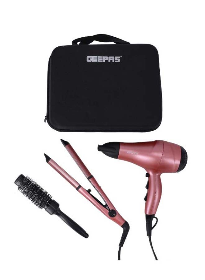 GEEPAS - Portable Hair Dressing Set with Adjustable Temperature Setting Hair Dryer Straightener Curler with Eva Bag Pink/Black 1200grams - Image 1