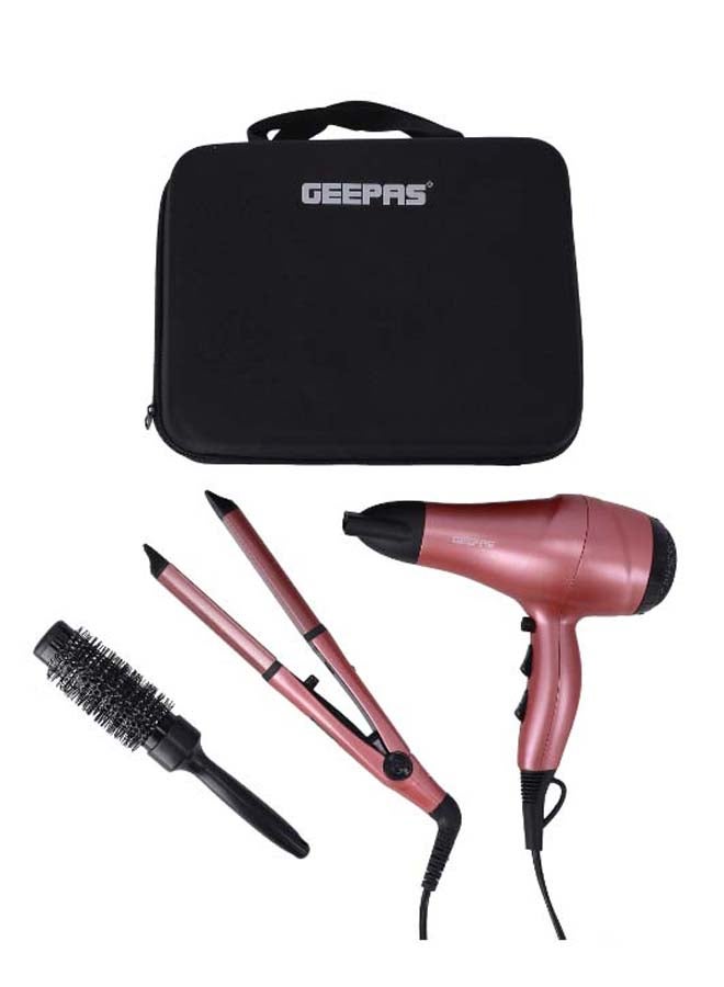 GEEPAS - Portable Hair Dressing Set with Adjustable Temperature Setting Hair Dryer Straightener Curler with Eva Bag Pink/Black 1200grams - Image 1