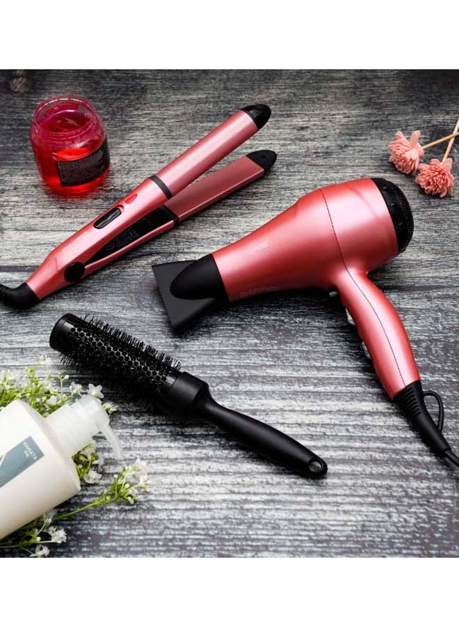 GEEPAS - Portable Hair Dressing Set with Adjustable Temperature Setting Hair Dryer Straightener Curler with Eva Bag Pink/Black 1200grams - Image 1