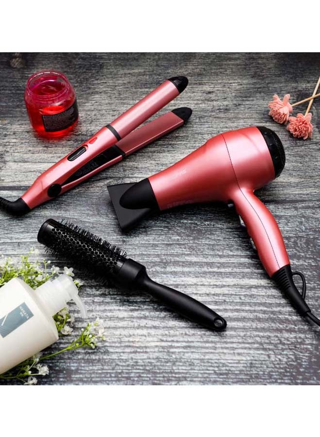 GEEPAS - Portable Hair Dressing Set with Adjustable Temperature Setting Hair Dryer Straightener Curler with Eva Bag Pink/Black 1200grams - Image 1