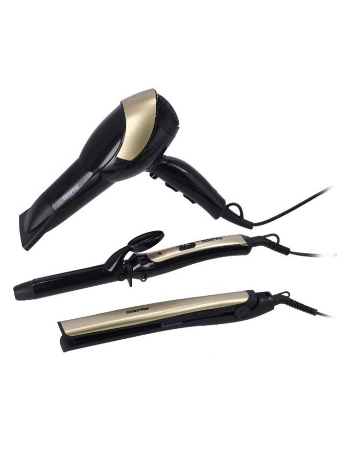 GEEPAS 3 In 1 Hair Styling Set 2200W - 2 Speed And 3 Heat Setting Curler, Ceramic Coating Plates Straightener With 25mm Hair Curler, Ideal Gift For Women Black/Gold 1200grams  - Image 2
