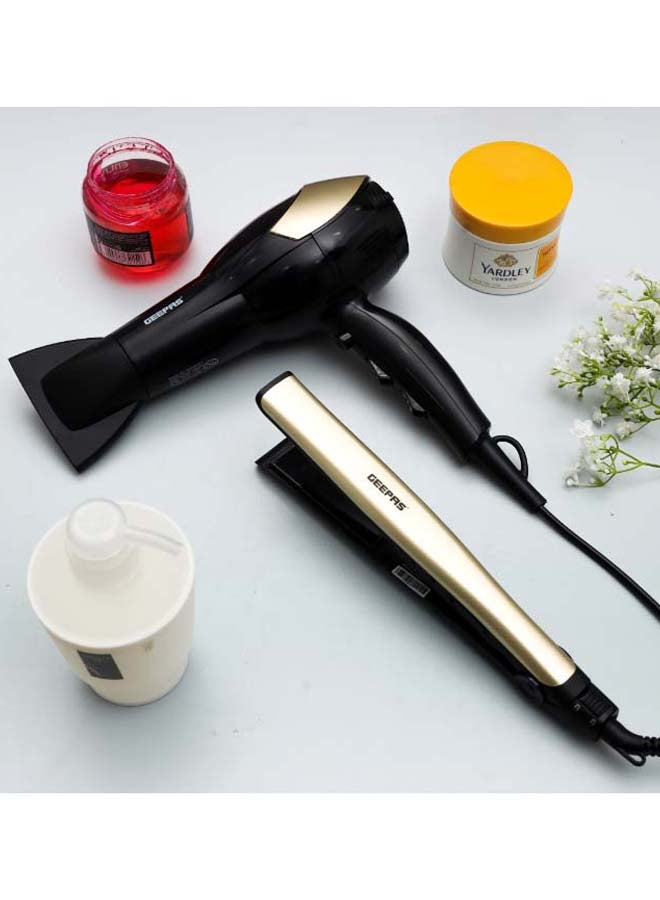 GEEPAS - 3 In 1 Hair Styling Set 2200W - 2 Speed And 3 Heat Setting Curler, Ceramic Coating Plates Straightener With 25mm Hair Curler, Ideal Gift For Women Black/Gold 1200grams - Image 1