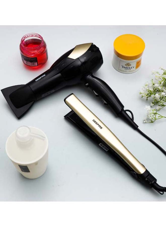GEEPAS - 3 In 1 Hair Styling Set 2200W - 2 Speed And 3 Heat Setting Curler, Ceramic Coating Plates Straightener With 25mm Hair Curler, Ideal Gift For Women Black/Gold 1200grams - Image 1