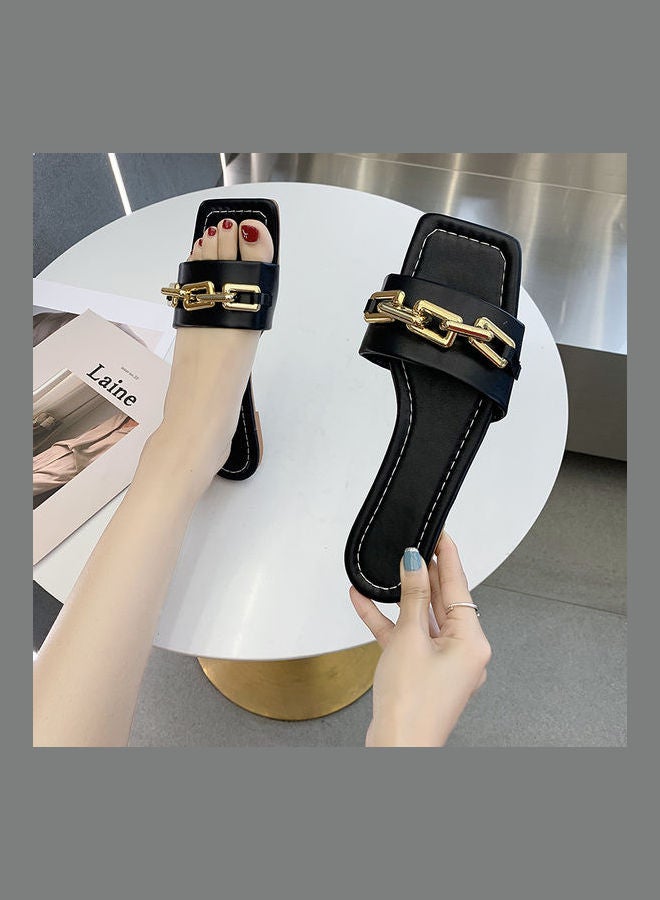 Simple Design Comfort Flat Slippers Black/Gold - Image 2