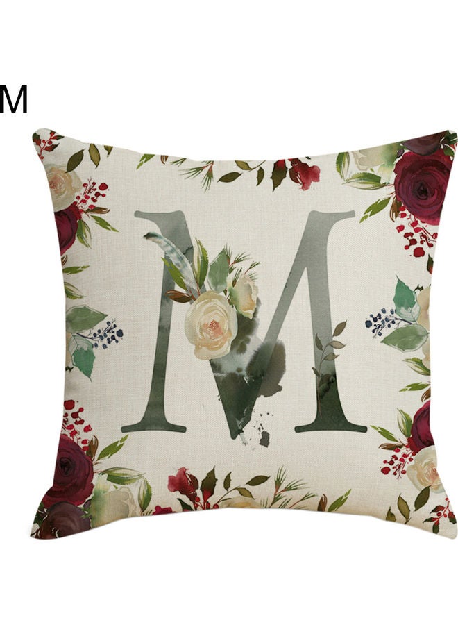 English Letter and Flowers Printed Pillow Case Linen Multicolour 45x45cm 
