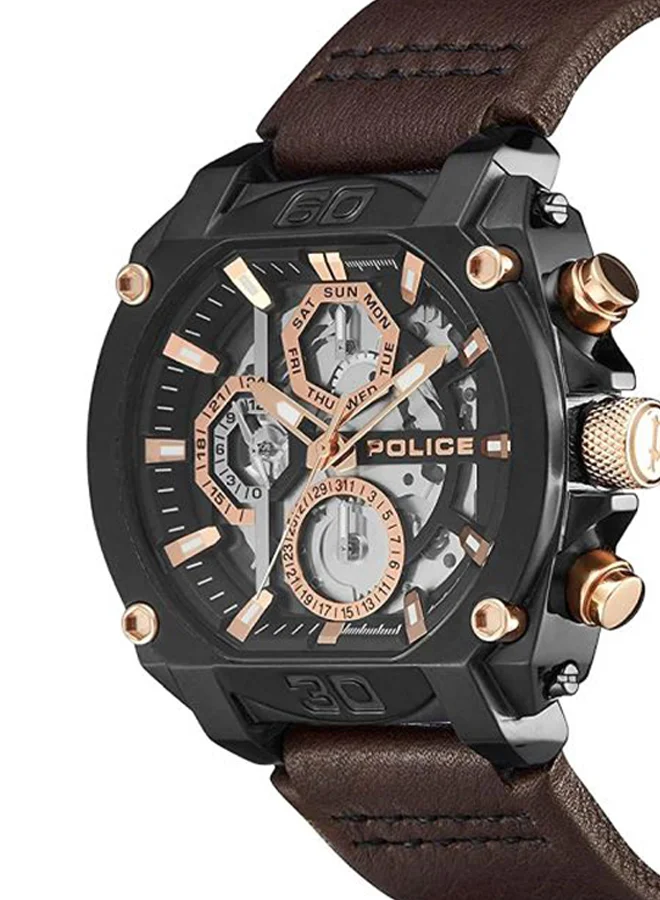 POLICE Norwood Round Shape Leather Band Analog Wrist Watch 48 mm - Brown - P 15472JSB-02