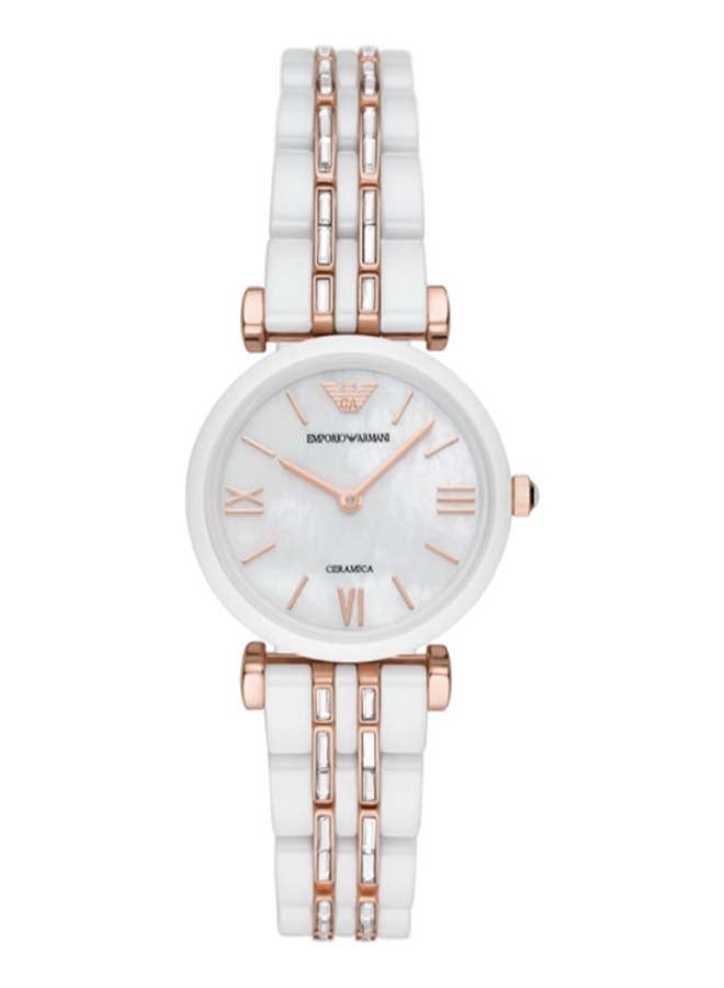 EMPORIO ARMANI Women's Gianni T-Bar Water Resistance Ceramic Analog Watch AR70004 - 28 mm - White/Rose Gold/Clear  - Image 1