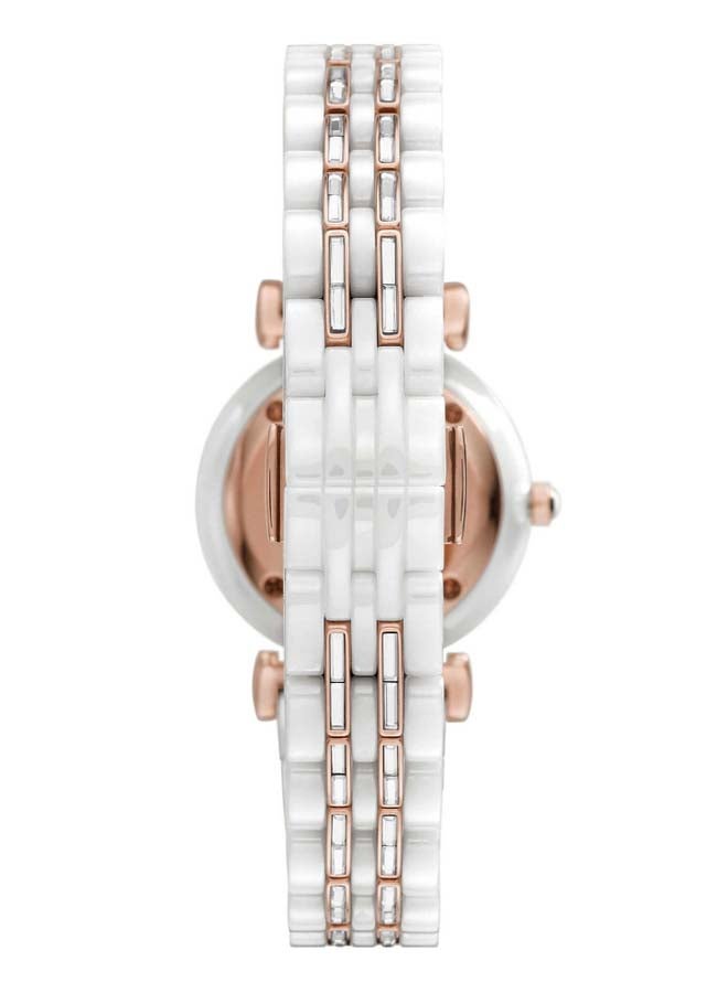 EMPORIO ARMANI Women's Gianni T-Bar Water Resistance Ceramic Analog Watch AR70004 - 28 mm - White/Rose Gold/Clear  - Image 4