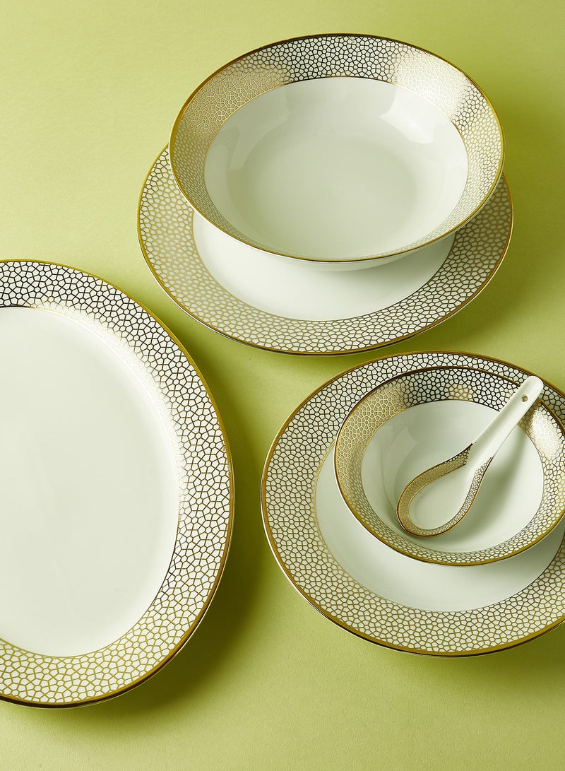 Noon East 56 Piece Porcelain Dinner Set - Dishes, Plates - Dinner Plate, Side Plate, Bowl, Cups, Serving Dish And Bowl - Serves 6 - Festive Design White/Gold Honeycomb White/Gold Honeycomb - Image 3
