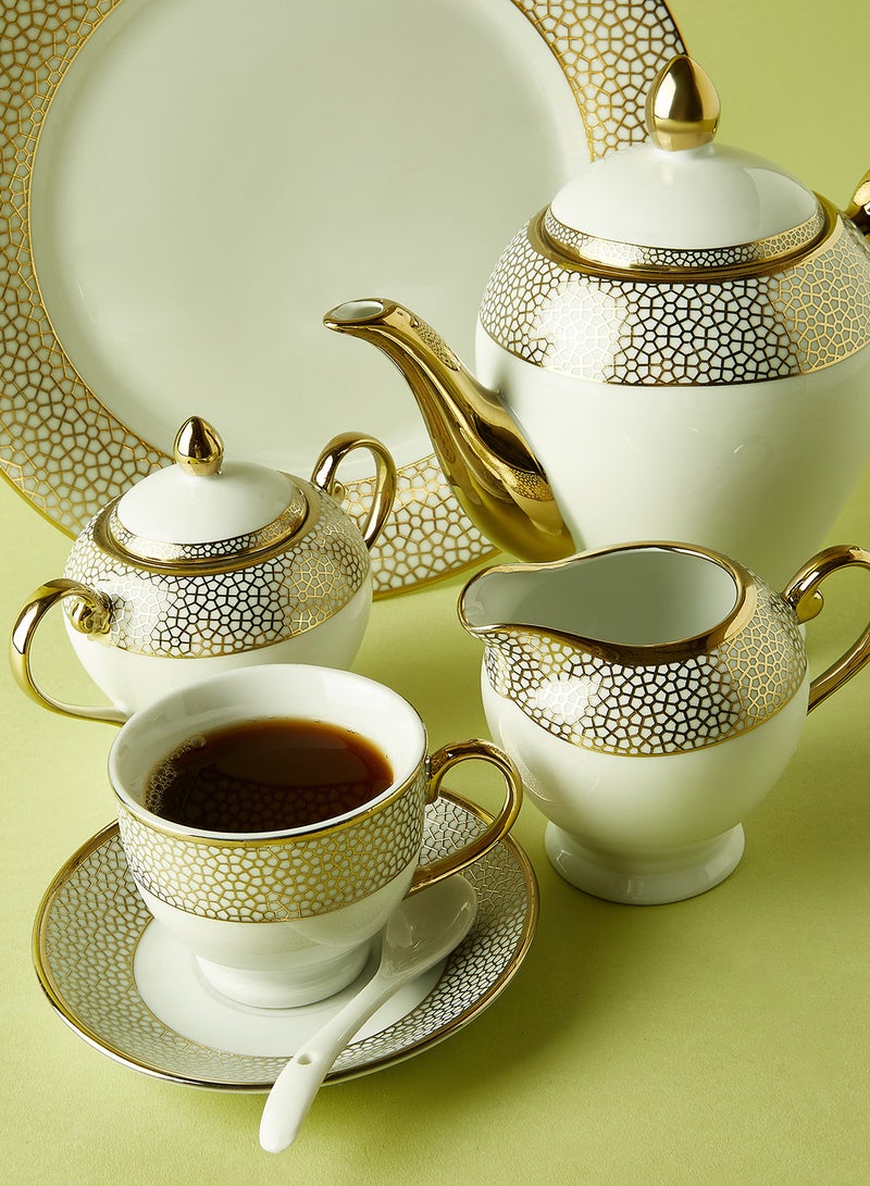 Noon East 56 Piece Porcelain Dinner Set - Dishes, Plates - Dinner Plate, Side Plate, Bowl, Cups, Serving Dish And Bowl - Serves 6 - Festive Design White/Gold Honeycomb White/Gold Honeycomb - Image 4