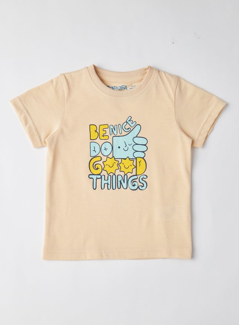 Zarafa Round Neck Graphic Printed T-Shirt Beige - Image 1