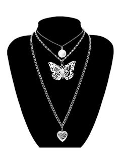 Multi-Layer Butterfly And Heart Designed Necklace