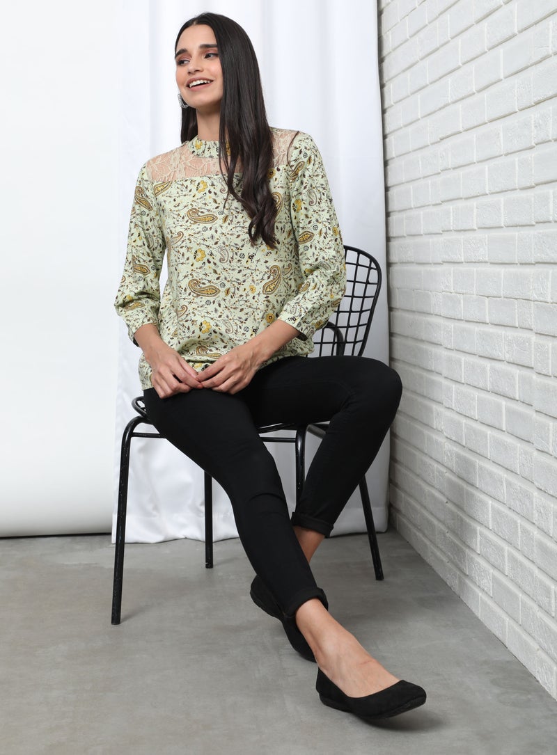 Aila Floral Pattern Choker Neck Blouse Top Light Green Aop - Image 5