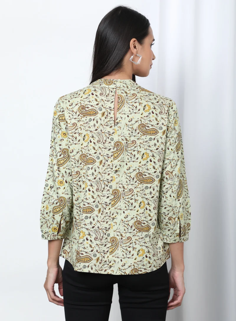 Aila Floral Pattern Choker Neck Blouse Top Light Green Aop