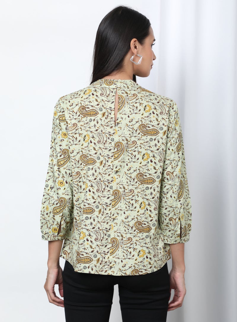 Aila Floral Pattern Choker Neck Blouse Top Light Green Aop - Image 2