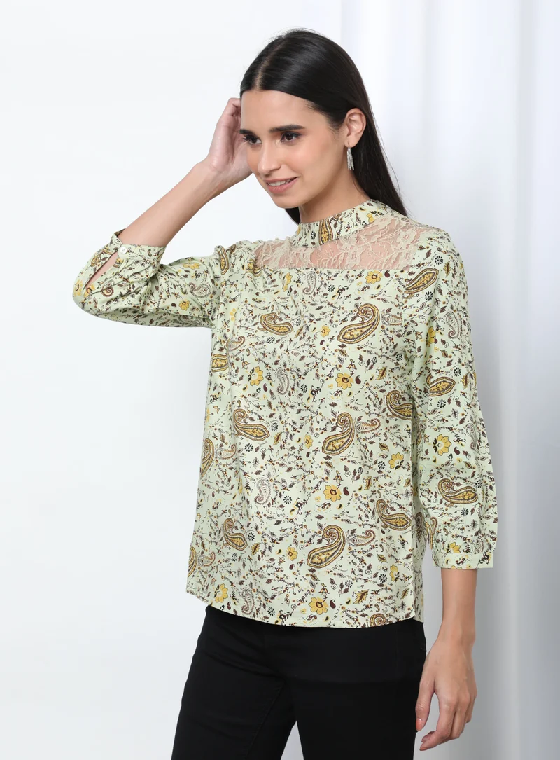 Aila Floral Pattern Choker Neck Blouse Top Light Green Aop