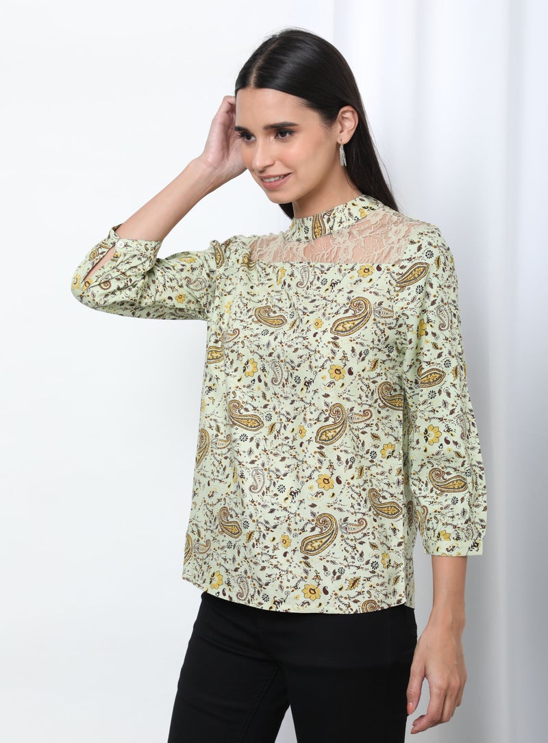 Aila Floral Pattern Choker Neck Blouse Top Light Green Aop - Image 3