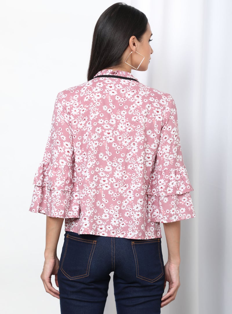 Aila Floral Pattern Turtle Neck Blouse Top Pink Aop  - Image 2