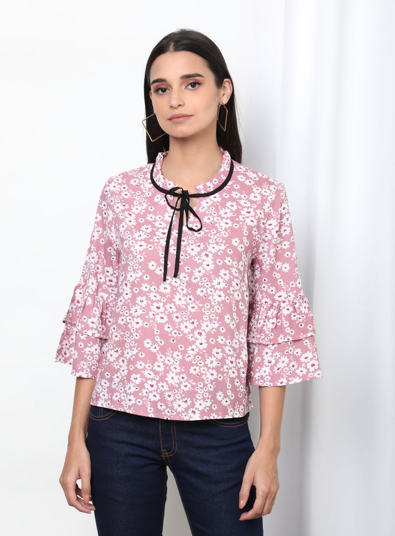 Aila Floral Pattern Turtle Neck Blouse Top Pink Aop  - Image 1
